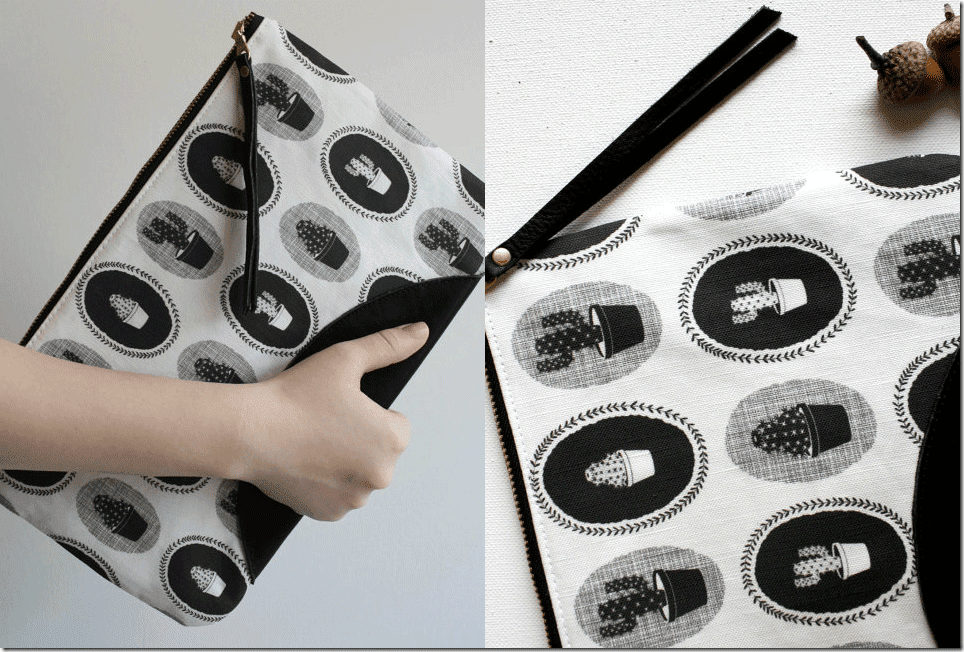 black-white-cactus-zipper-clutch