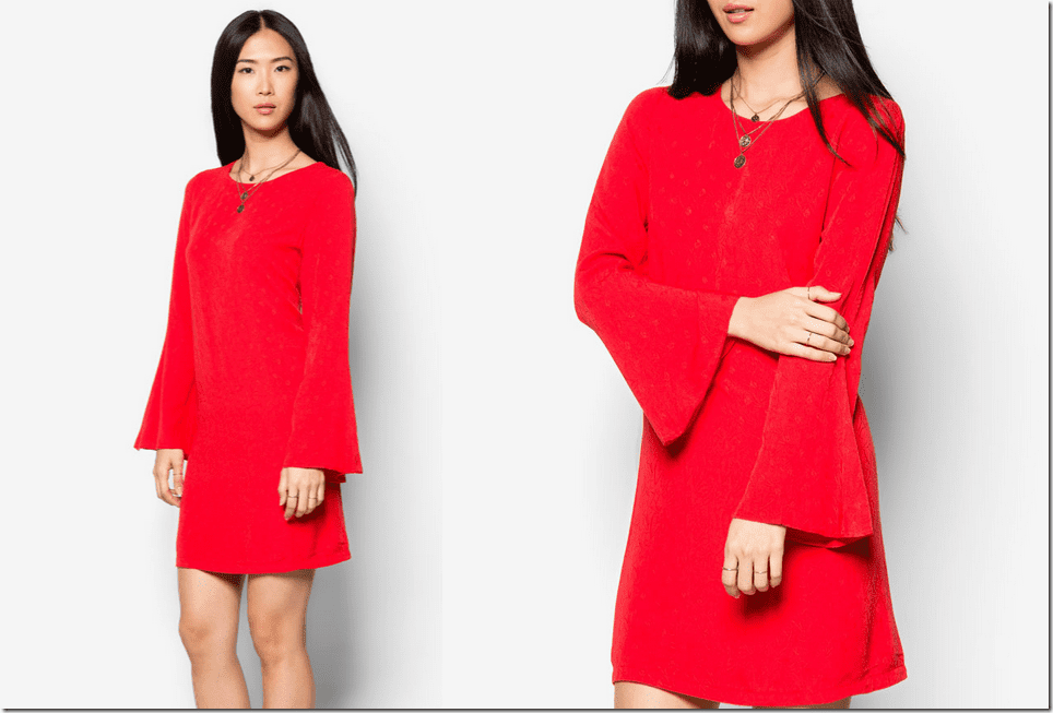 red-embossed-floral-bell-sleeve-dress