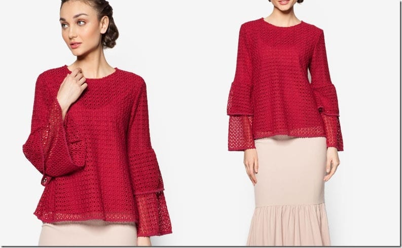 red-double-layer-eyelet-sleeve-top