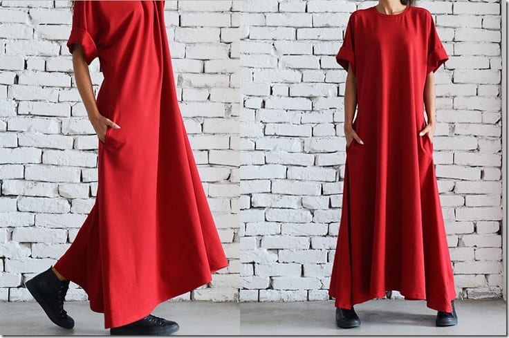 red-folded-sleeve-loose-maxi-dress