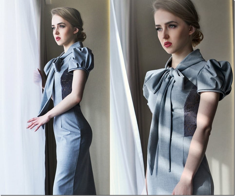 puff-sleeve-bow-tie-pencil-grey-dress