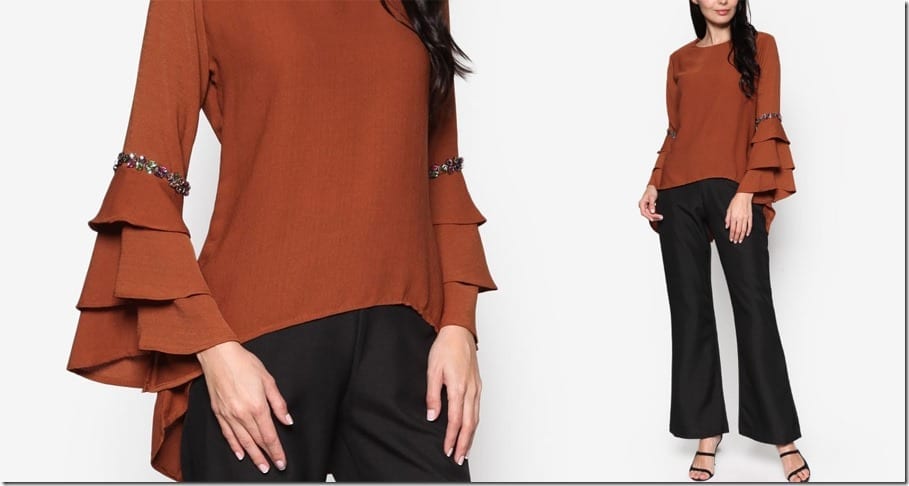 tiered-flare-sleeve-brown-blouse