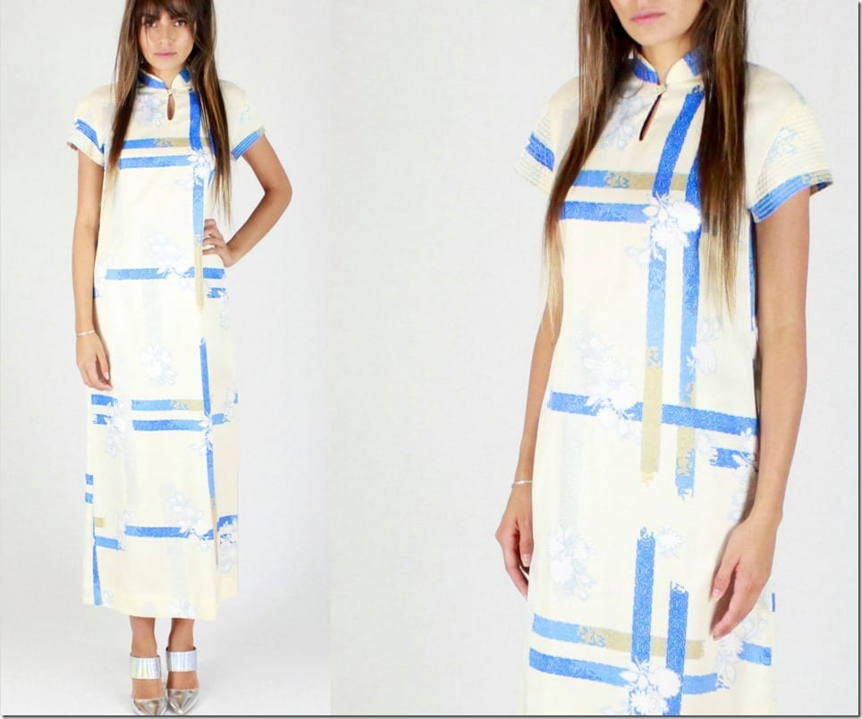 70s-floral-plaid-long-qipao-dress