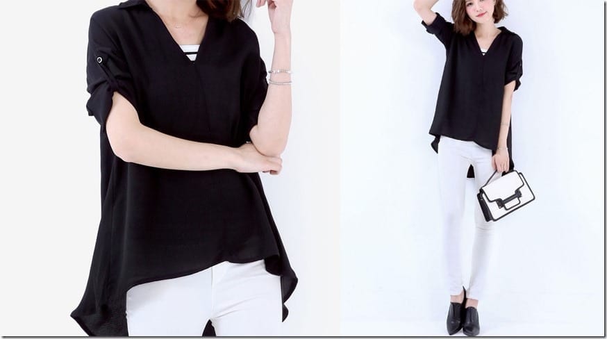 black-back-button-dip-hem-blouse