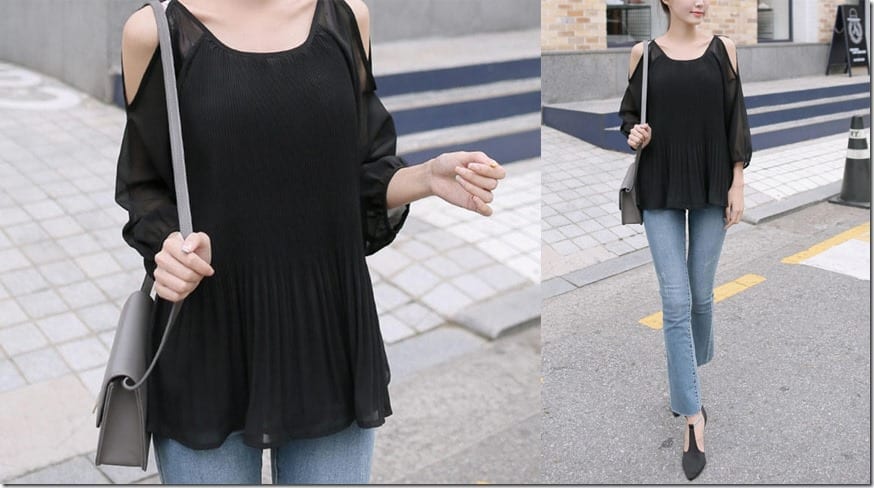 black-cold-shoulder-pleated-hem-top