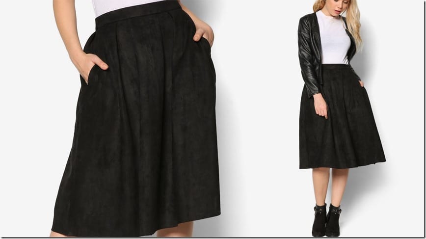 black-suede-pleated-midi-skirt