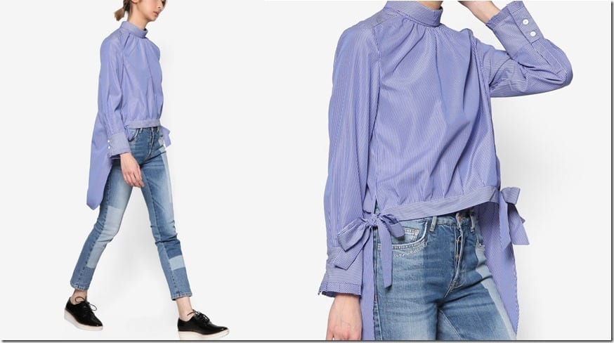 blue-cuffed-uneven-hem-side-bow-blouse