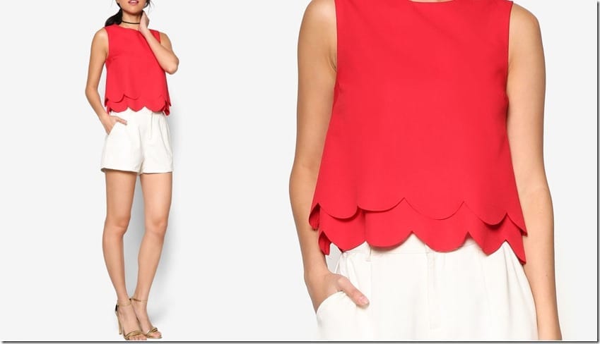 red-double-layer-scallop-hem-top