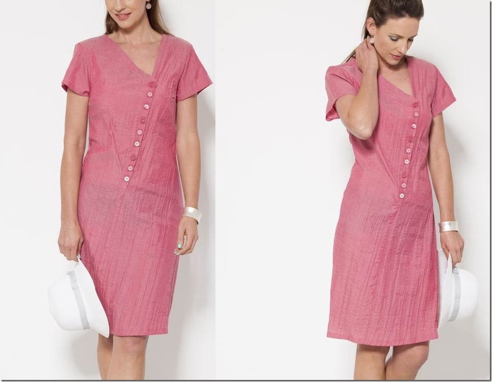 front-button-asymmetric-neck-pink-midi-dress