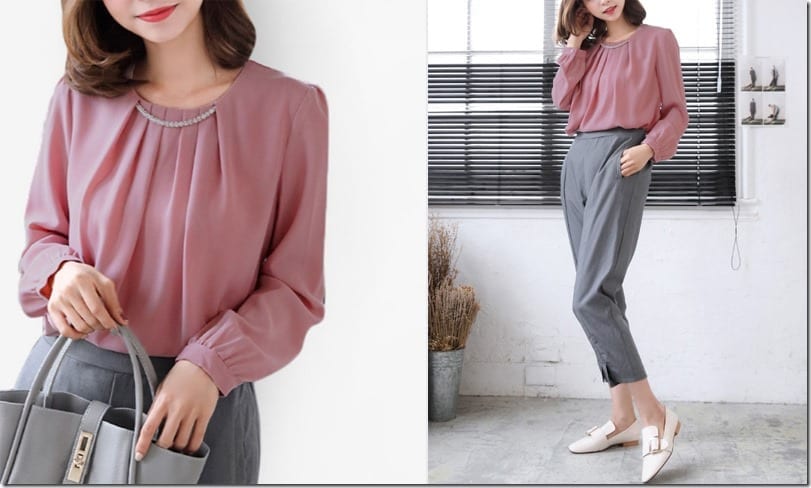 pink-pleated-neckline-blouse