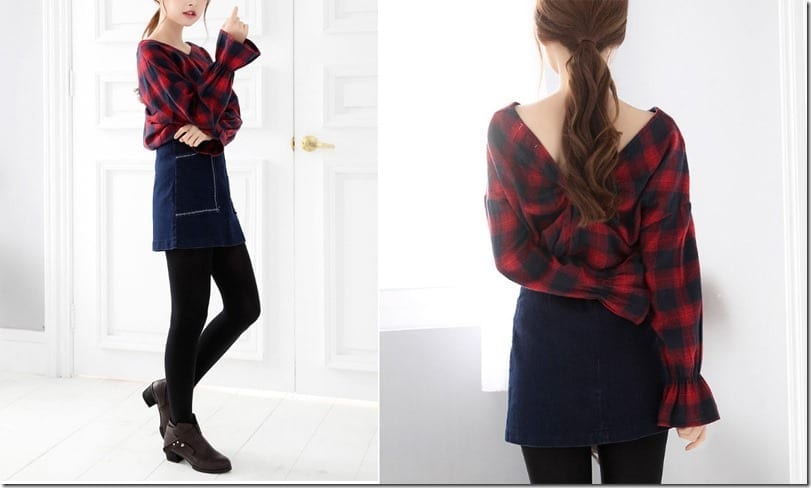 plaid-v-back-ruffle-sleeve-top