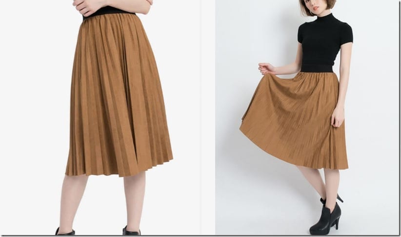 contrast-waist-brown-pleated-skirt