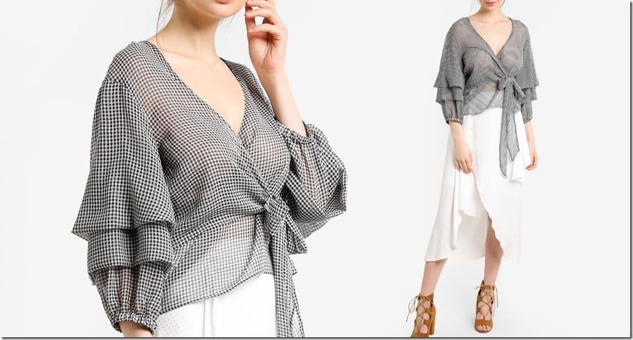 gingham-puff-sleeve-wrap-blouse