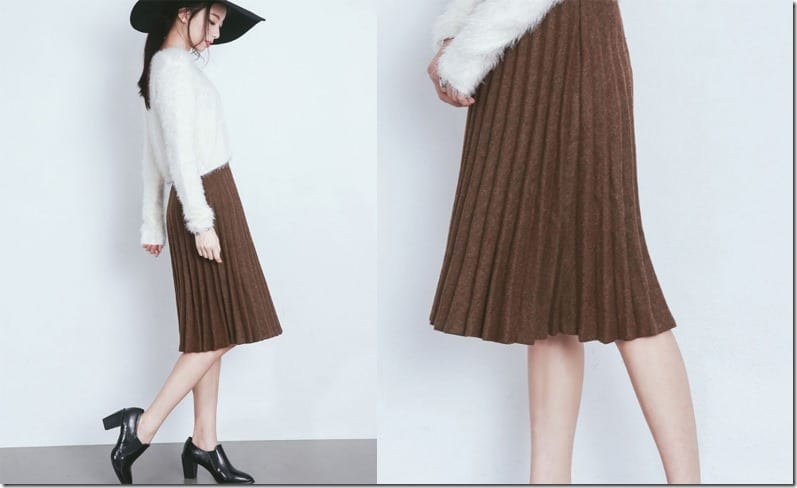 khaki-brown-pleated-midi-skirt