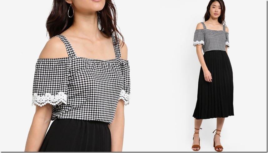 gingham-lace-trim-cold-shoulder-top