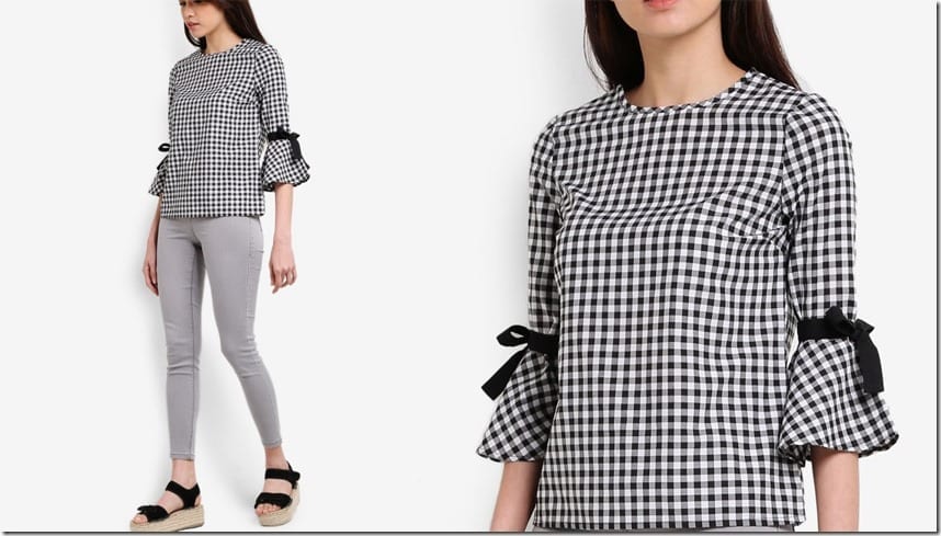 gingham-tie-flute-sleeve-blouse