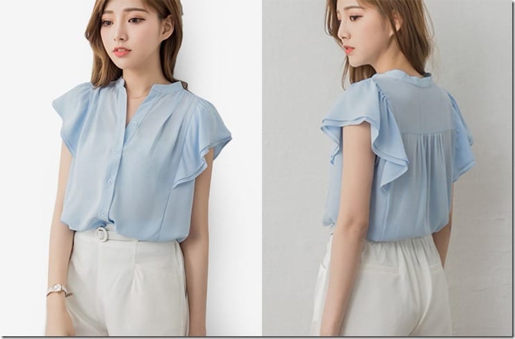 blue-high-collar-flutter-sleeve-blouse