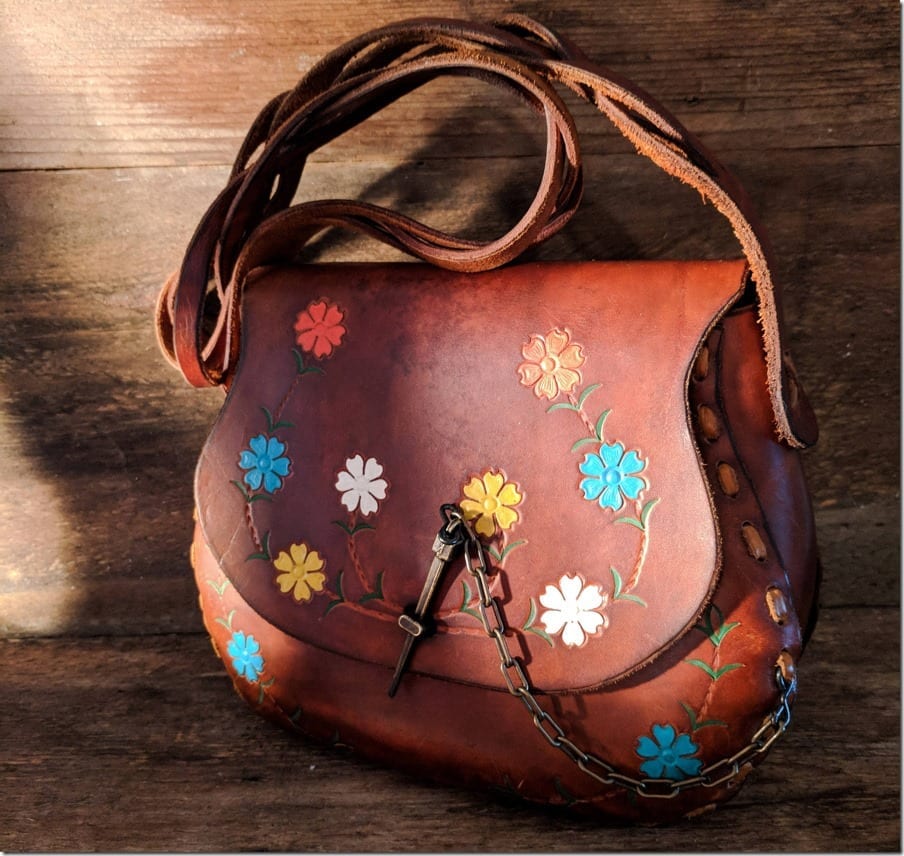 Vtg Hand Tooled Painted Brown Leather Flower Shoulder Bag Handbag Purse Boho