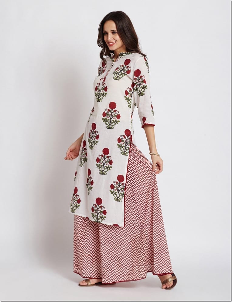 red-floral-print-kurta-skirt-set