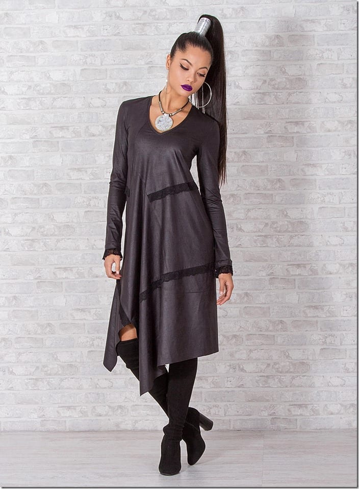 asymmetric-faux-leather-lace-accent-dress