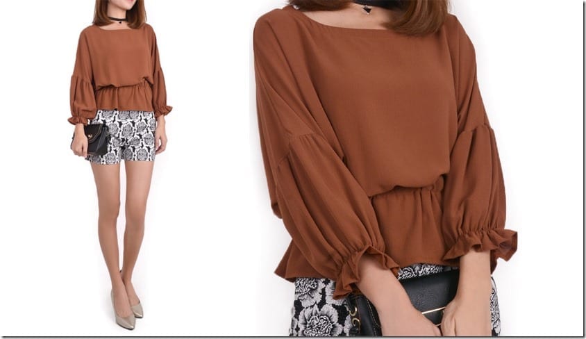 brown-long-ruffle-sleeve-blouse