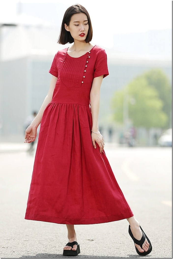 red-long-pleated-linen-dress