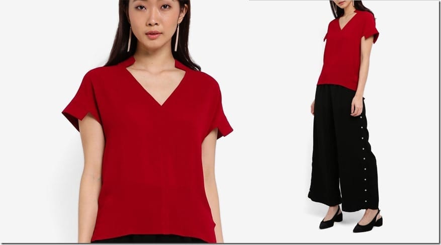 red-v-neck-structured-sleeve-top