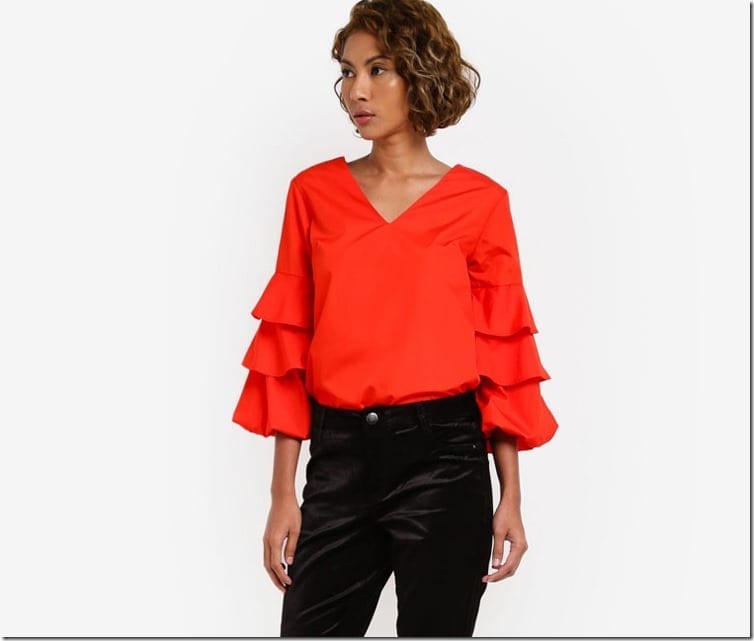 red-v-neck-puff-sleeve-blouse