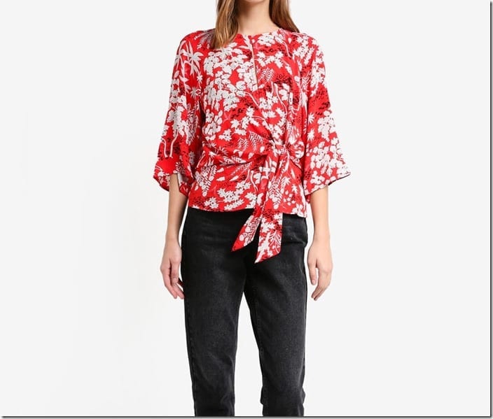 red-floral-front-knot-blouse