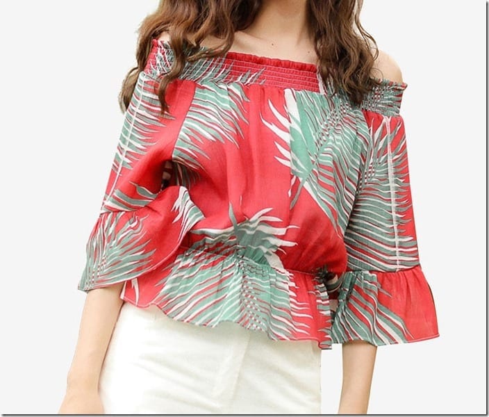 tropical-leafy-print-red-off-shoulder-top