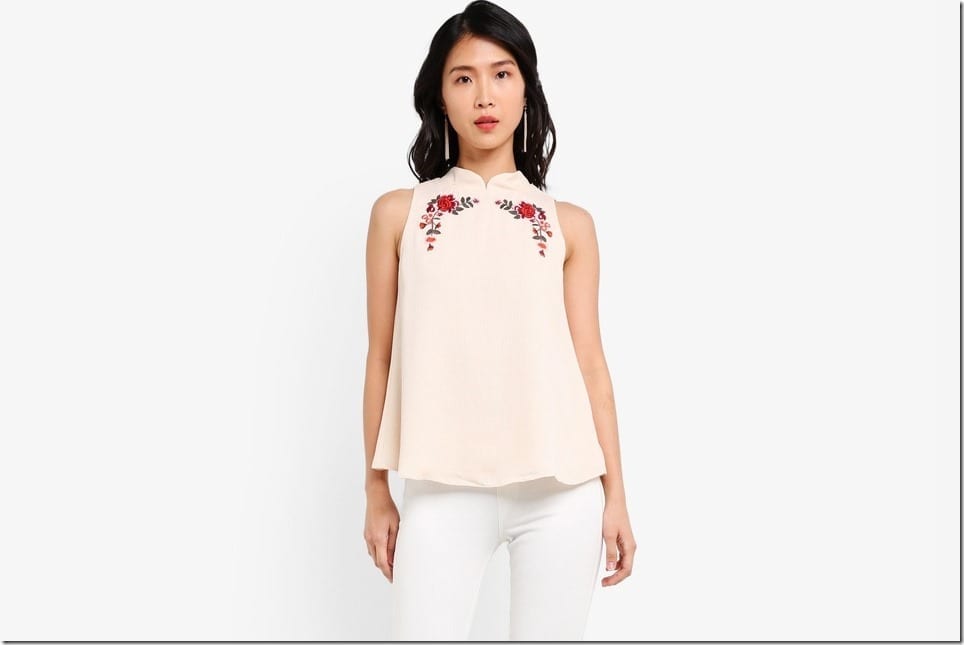 Embroidered Sleeveless Top With Mandarin Collar