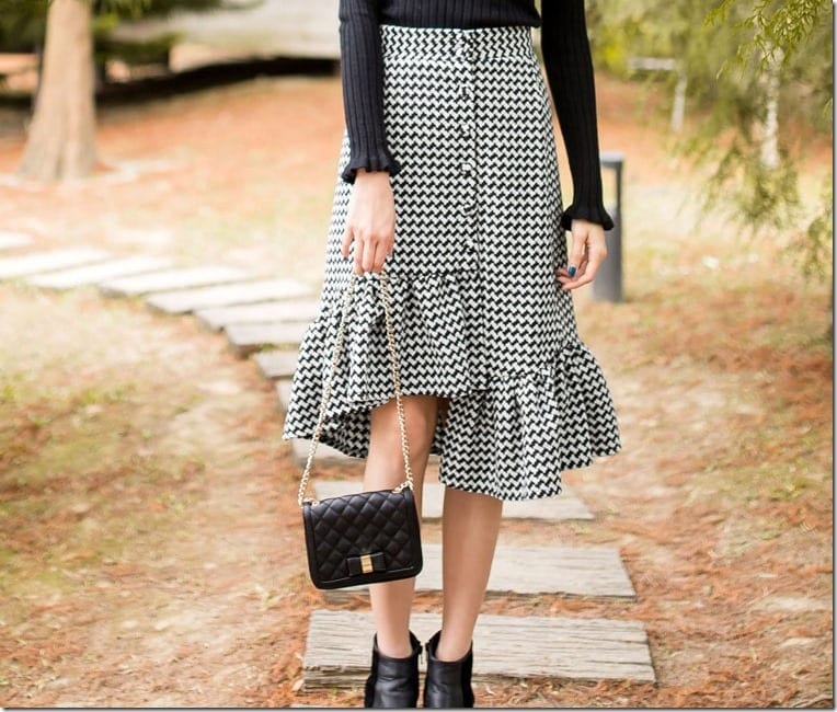 black-white-gingham-asymmetric-ruffle-skirt