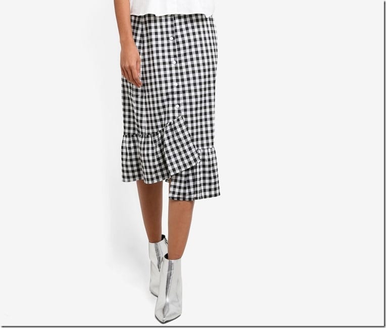 button-ruffle-gingham-midi-skirt