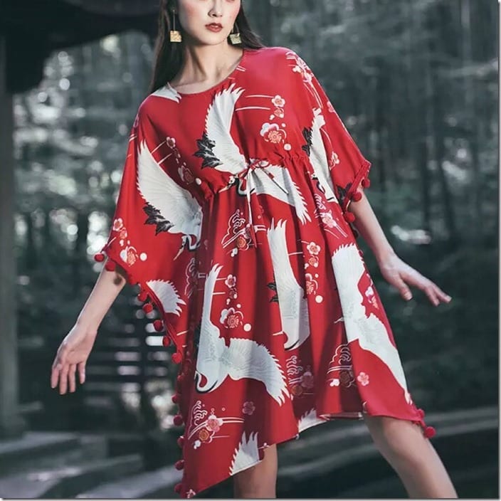 loose-fit-flying-crane-red-pompom-dress