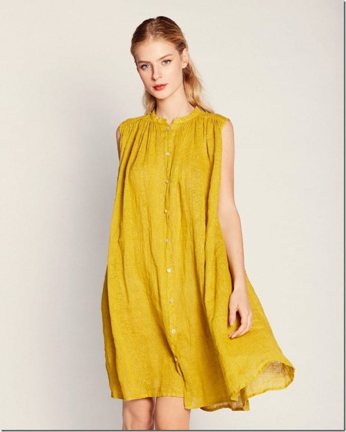 loose-high-neck-button-yellow-midi-dress