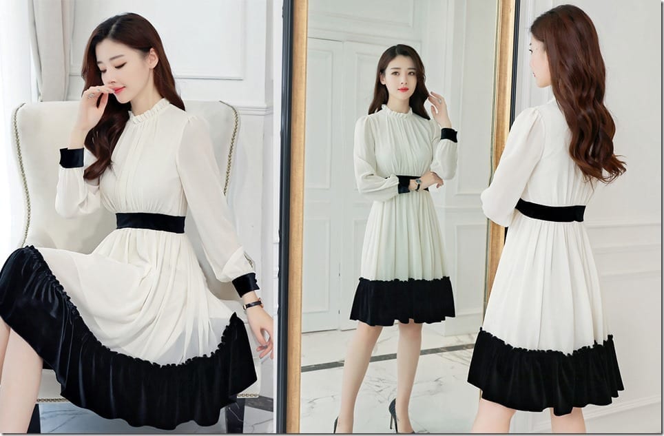 monochrome-high-neck-long-sleeve-swing-dress