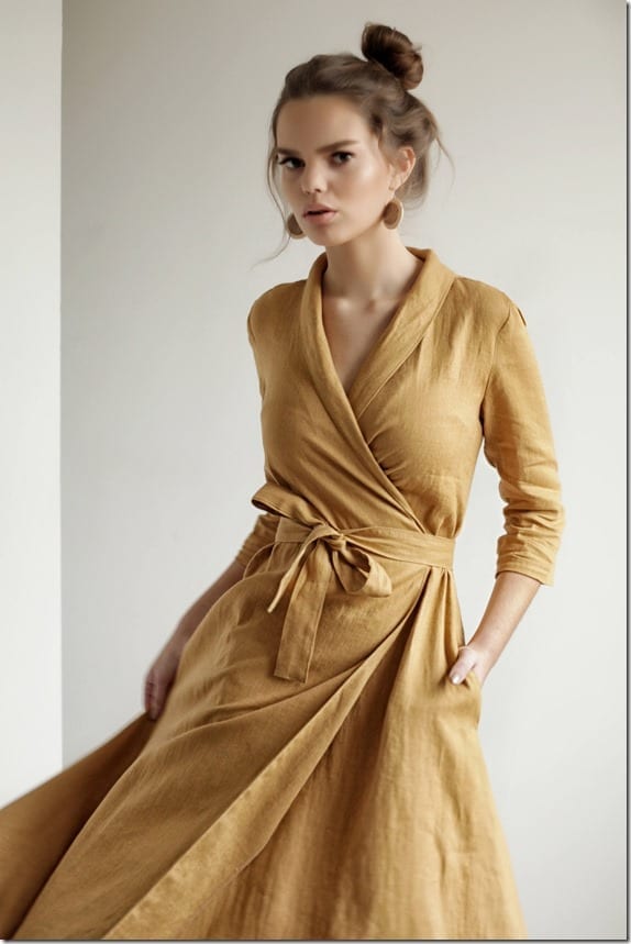 mustard-linen-wrap-dress