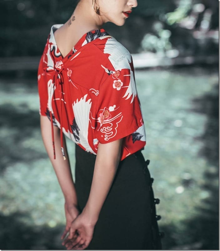 red-v-style-neck-crane-print-top