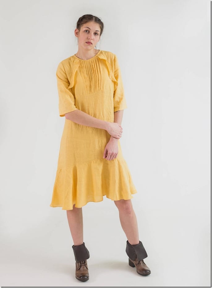 yellow-ruffle-flared-hem-midi-dress