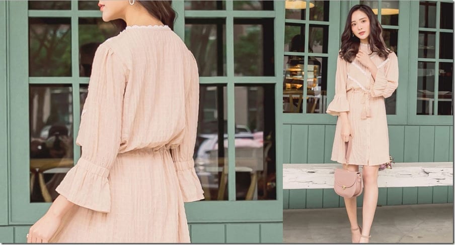 beige-button-up-trumpet-sleeve-dress