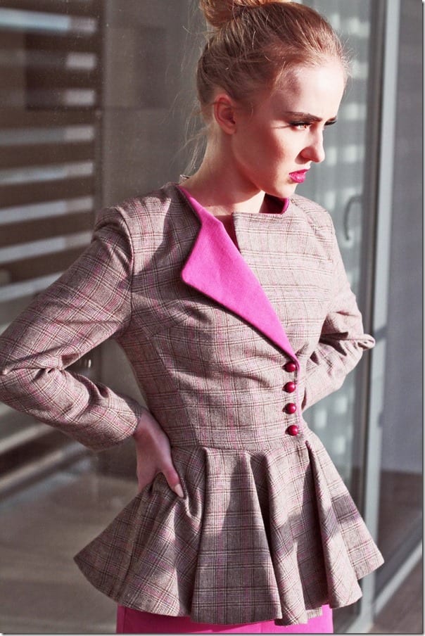 pink-plaid-buttoned-peplum-blazer