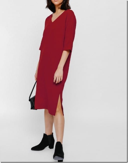 red-midi-v-neck-split-dress