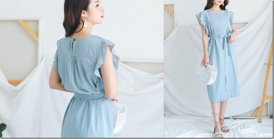 blue-pinstripe-frill-sleeve-midi-dress