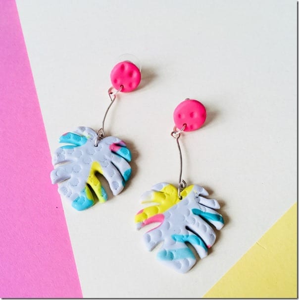 bold-pink-colorful-monstera-leaf-earrings