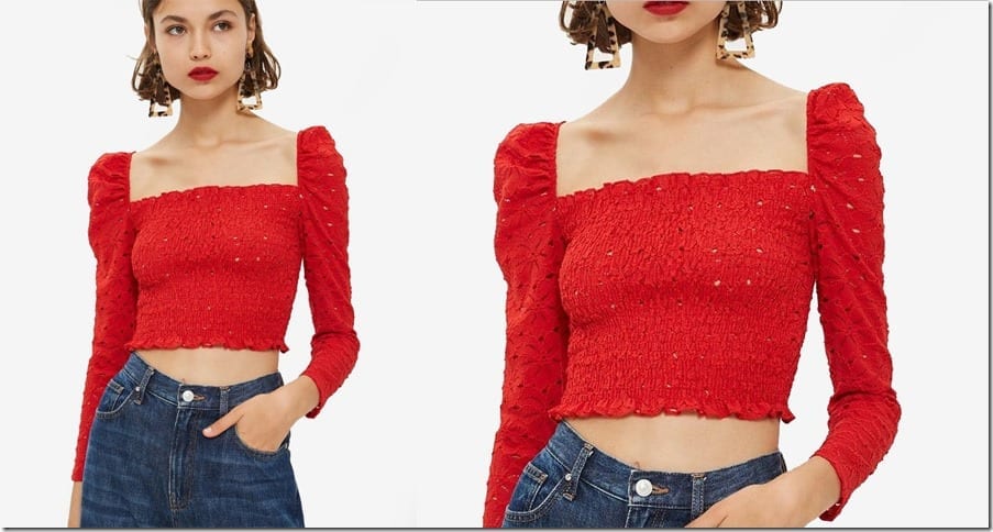 red-lace-shirred-square-neck-top