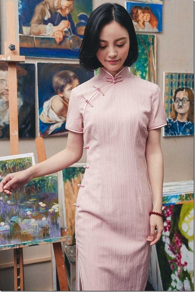 textured-pink-cotton-cheongsam-dress