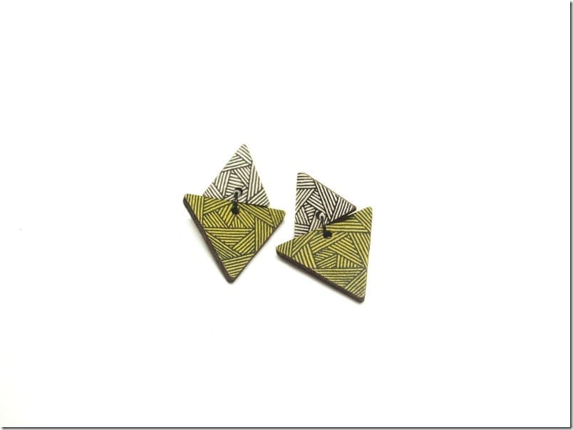 green-wooden-triangle-earrings