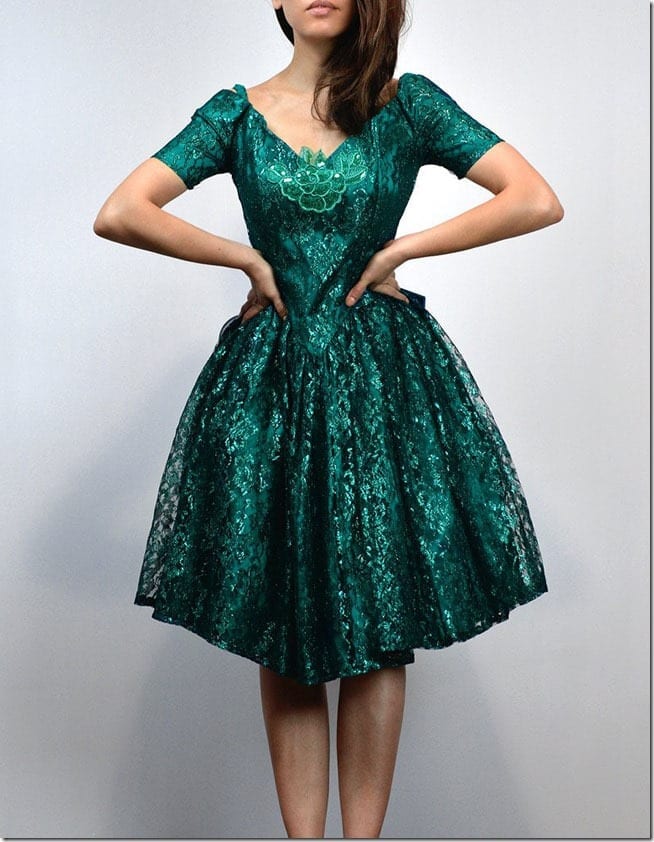 metallic-green-cold-shoulder-lace-dress