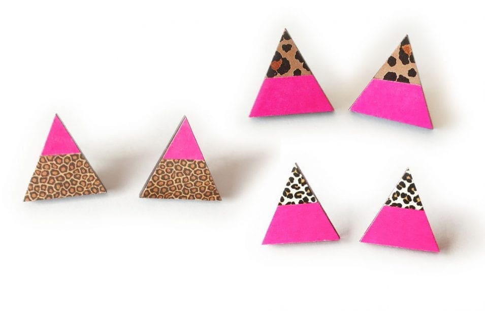 Neon Geometric Jewelry Inspiration ~ Pink Triangle Leopard Earrings