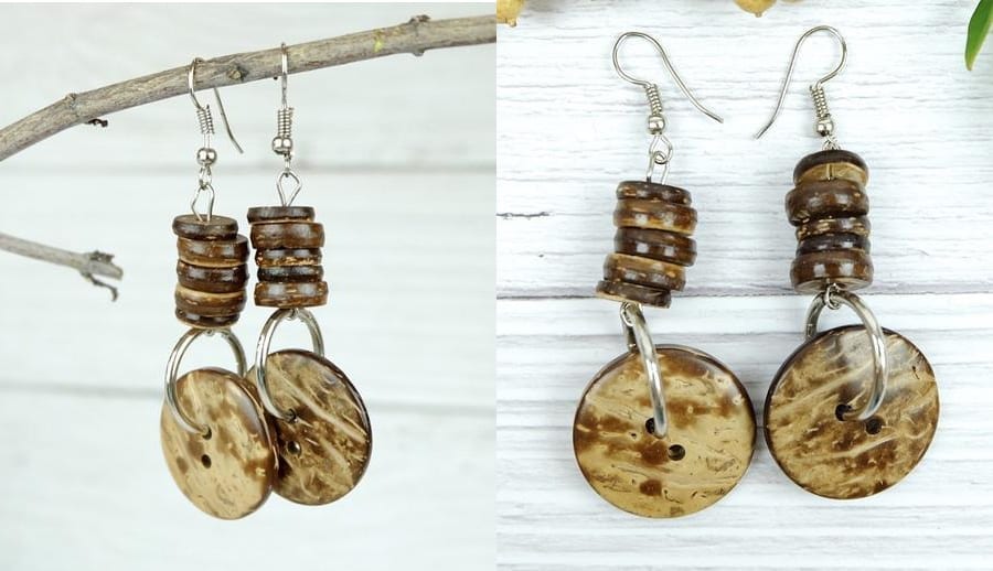 Coconut Shell Button Drop Earrings